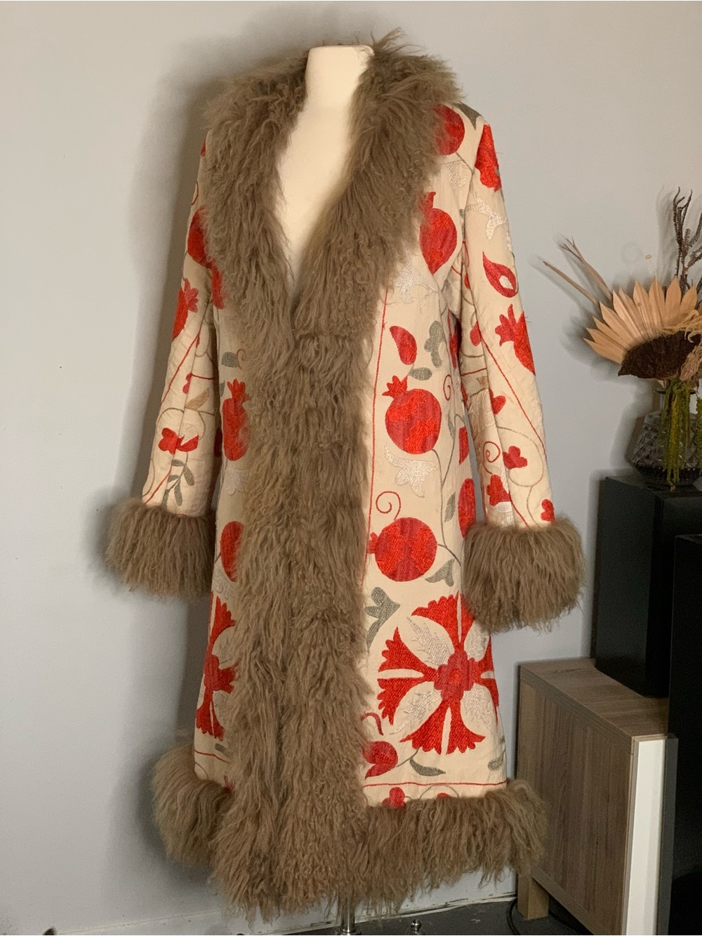 Embroidered Ivory & Red Coat with Brown Fur Trim